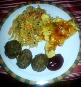 Lentil balls, bakes bread fruit w/cheese and garlic, and a pasta with grated veggies